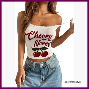 Y2K Cherry Letter Print Lace Trim Ribbed Crop Cami Top